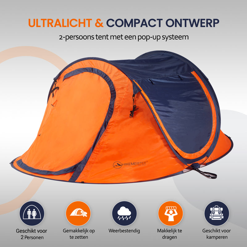 Laden Sie das Bild in Galerie -Viewer, Hikemeister ® 3 Plus Koepeltent Pop up met binnentent – 220 x 120 x 95 CM – Trekking - Fesitval verduisterend - tent 2 persoons - incl. draagtas - waterdichte tent – Oranje Blau SPF 50 zon protectie 2 persoons
