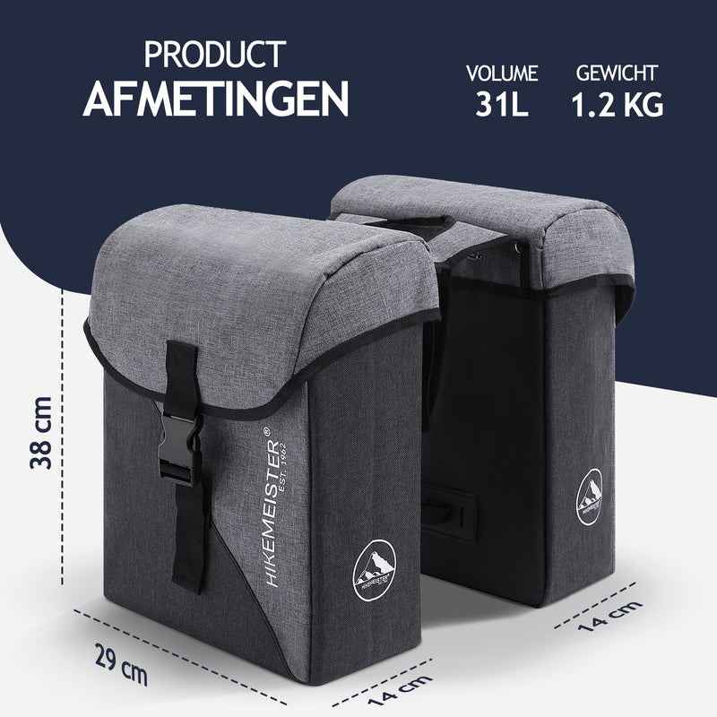 Laden Sie das Bild in Galerie -Viewer, Hikemeister ® Amsterdam - Fietstas Dubbel - Waterafstotend Materiaal - 31L - Grijs – 300D Polyester - Fietstassen elektrische fietsen
