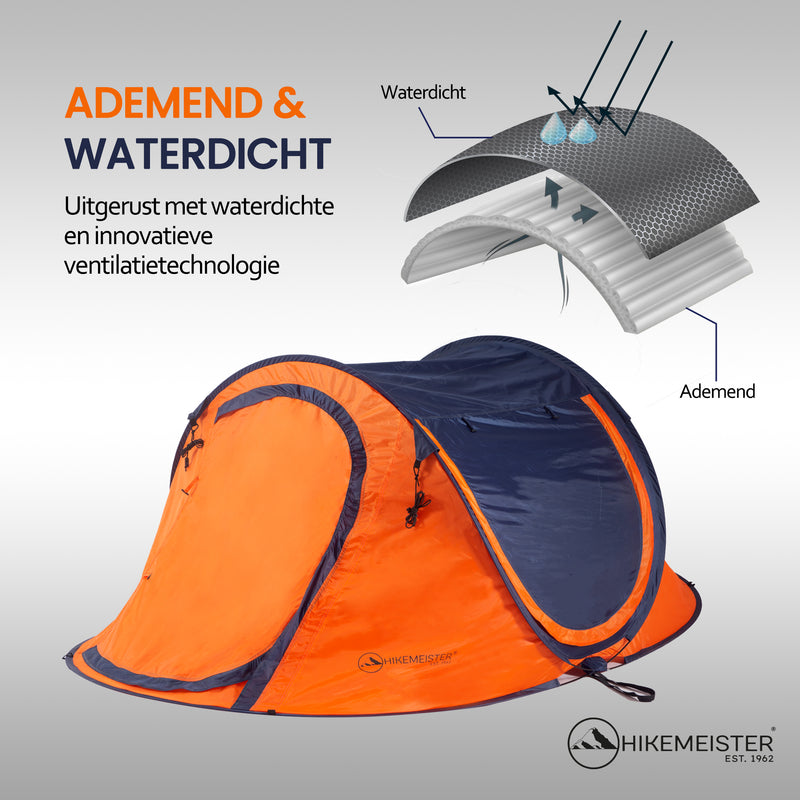Laden Sie das Bild in Galerie -Viewer, Hikemeister ® 3 Plus Koepeltent Pop up met binnentent – 220 x 120 x 95 CM – Trekking - Fesitval verduisterend - tent 2 persoons - incl. draagtas - waterdichte tent – Oranje Blau SPF 50 zon protectie 2 persoons
