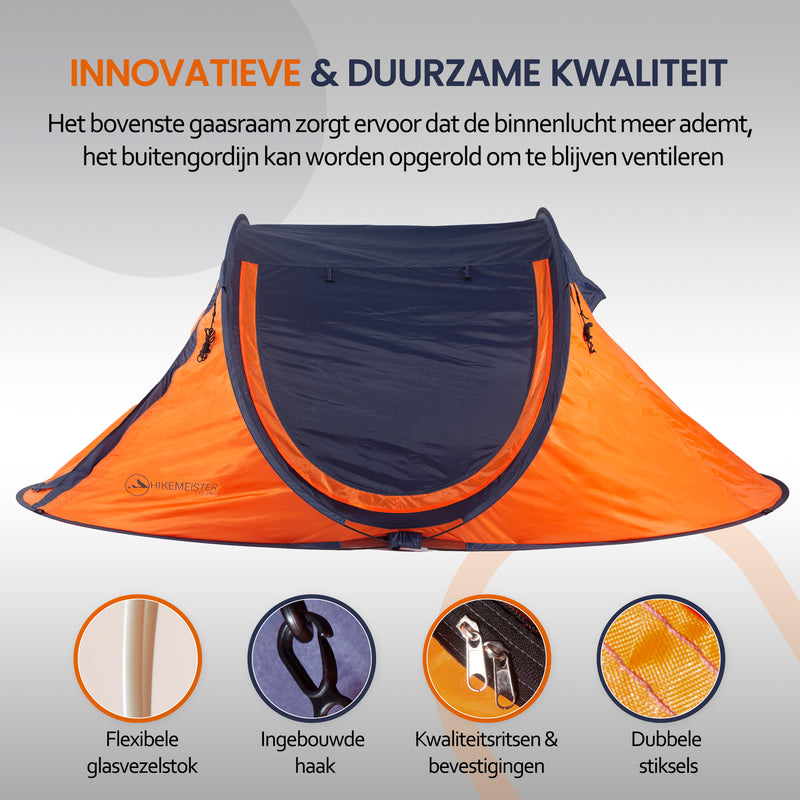 Laden Sie das Bild in Galerie -Viewer, Hikemeister ® 3 Plus Koepeltent Pop up met binnentent – 220 x 120 x 95 CM – Trekking - Fesitval verduisterend - tent 2 persoons - incl. draagtas - waterdichte tent – Oranje Blau SPF 50 zon protectie 2 persoons
