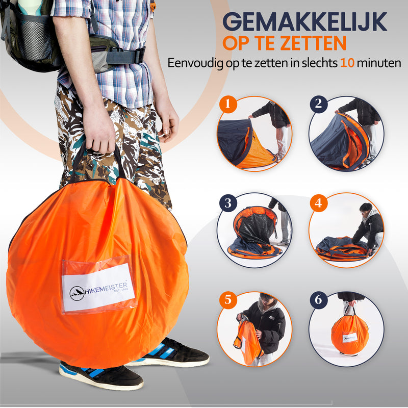 Laden Sie das Bild in Galerie -Viewer, Hikemeister ® 3 Plus Koepeltent Pop up met binnentent – 220 x 120 x 95 CM – Trekking - Fesitval verduisterend - tent 2 persoons - incl. draagtas - waterdichte tent – Oranje Blau SPF 50 zon protectie 2 persoons
