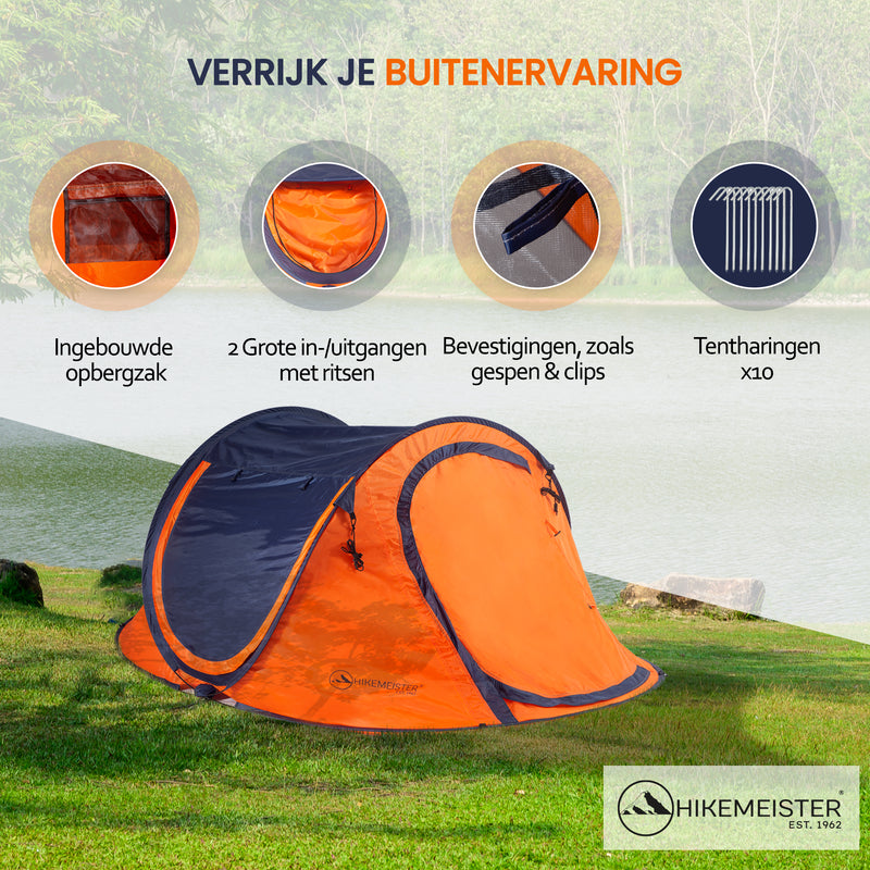 Laden Sie das Bild in Galerie -Viewer, Hikemeister ® 3 Plus Koepeltent Pop up met binnentent – 220 x 120 x 95 CM – Trekking - Fesitval verduisterend - tent 2 persoons - incl. draagtas - waterdichte tent – Oranje Blau SPF 50 zon protectie 2 persoons
