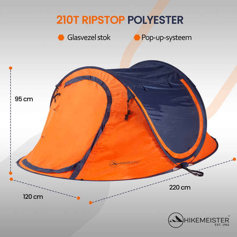Laden Sie das Bild in Galerie -Viewer, Hikemeister ® 3 Plus Koepeltent Pop up met binnentent – 220 x 120 x 95 CM – Trekking - Fesitval verduisterend - tent 2 persoons - incl. draagtas - waterdichte tent – Oranje Blau SPF 50 zon protectie 2 persoons
