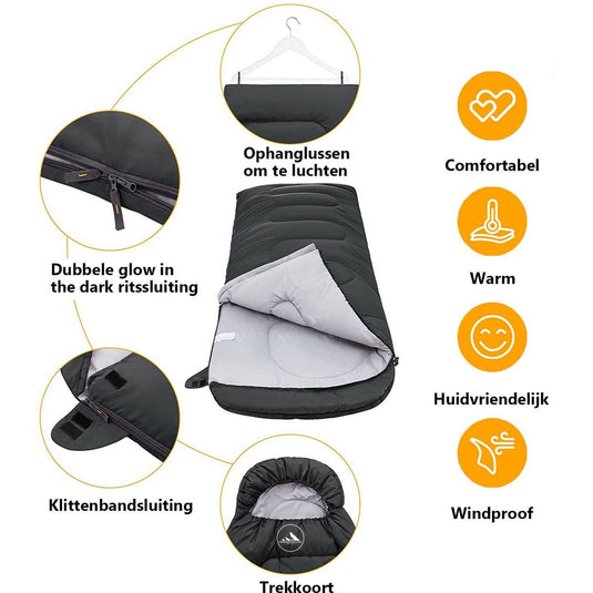 HikeMeister mummy slaapzak 1600 gram - kamperen - Zwart - ca. 220 x 80 cm - met Binnenzak - Comfortzone: 0-15 graden - Draagtas