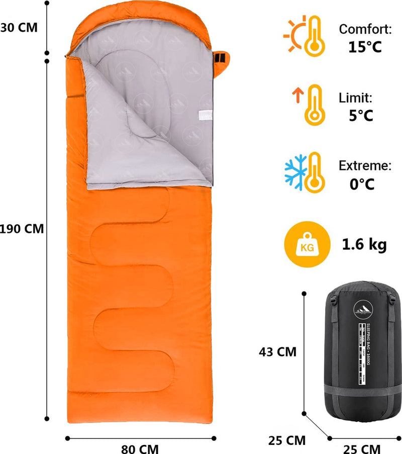 Load image into Gallery viewer, HikeMeister mummy slaapzak 1600 gram - kamperen - Oranje - ca. 220 x 80 cm - met Binnenzak - Comfortzone: 0-15 graden - Draagtas
