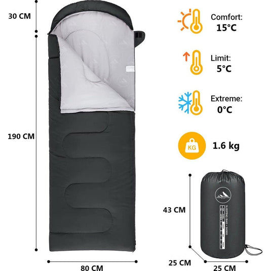 HikeMeister mummy slaapzak 1600 gram - kamperen - Zwart - ca. 220 x 80 cm - met Binnenzak - Comfortzone: 0-15 graden - Draagtas