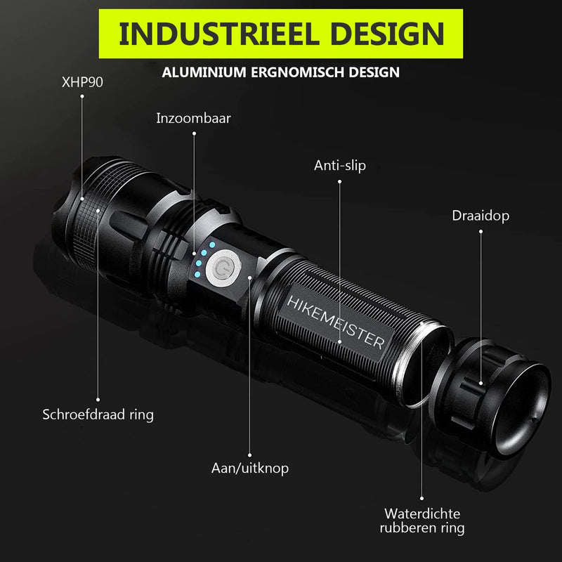 Laden Sie das Bild in Galerie -Viewer, Hikemeister ® PRO Militaire LED Zaklamp - USB-C Oplaadbaar - 3000 lumen - 5000mAh Batterij - met holster -2 Jaar Garantie!
