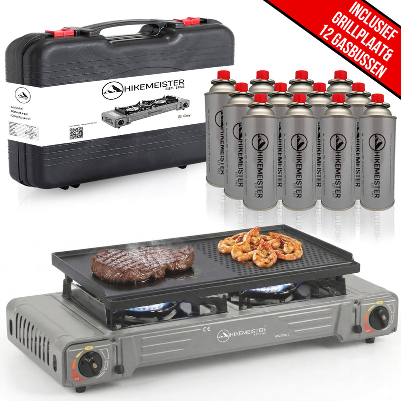 Load image into Gallery viewer, Hikemeister® Dubbel Camping Kooktoestel 2 Pits – 2x 2.2 kW – Inclusief 12 Gasbussen &amp; Grillplaat – Draagbaar Gasstel – Butaangas Kookplaat – Campingkooktoestel - Met Koffer – Grijs
