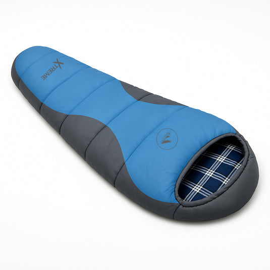 HikeMeister® Mumienschlafsack Xtreme Blue 1800 Gramm! mit Baumwollfutter, Windstopper und Wärmekragen