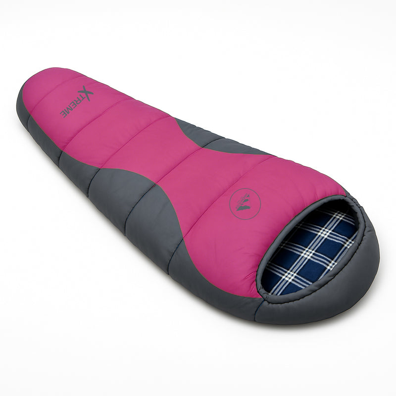 Laden Sie das Bild in Galerie -Viewer, HikeMeister® Mumienschlafsack Xtreme Fuchsia 1800 Gramm! mit Baumwollfutter, Windstopper und Wärmekragen
