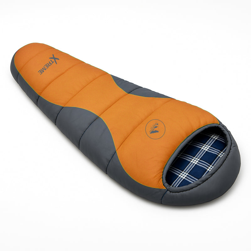 Laden Sie das Bild in Galerie -Viewer, HikeMeister® Mumienschlafsack Xtreme Orange 1800 Gramm! mit Baumwollfutter, Windstopper und Wärmekragen
