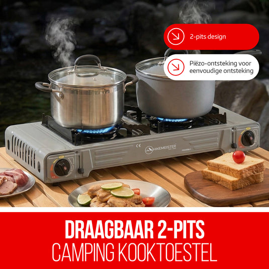 Hikemeister® Dubbel Camping Kooktoestel 2 Pits – 2x 2.2 kW – Inclusief 12 Gasbussen & Grillplaat – Draagbaar Gasstel – Butaangas Kookplaat – Campingkooktoestel - Met Koffer – Grijs