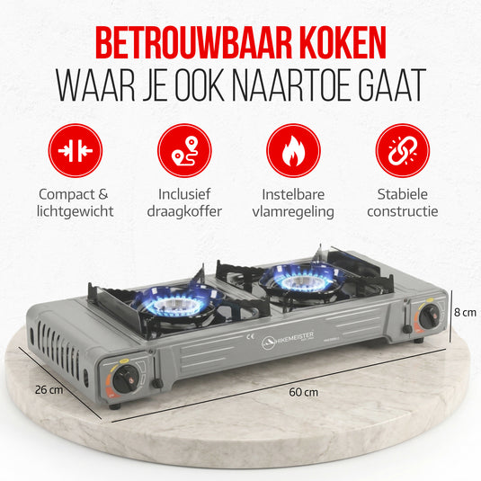 Hikemeister® Dubbel Camping Kooktoestel 2 Pits – 2x 2.2 kW – Inclusief 12 Gasbussen & Grillplaat – Draagbaar Gasstel – Butaangas Kookplaat – Campingkooktoestel - Met Koffer – Grijs