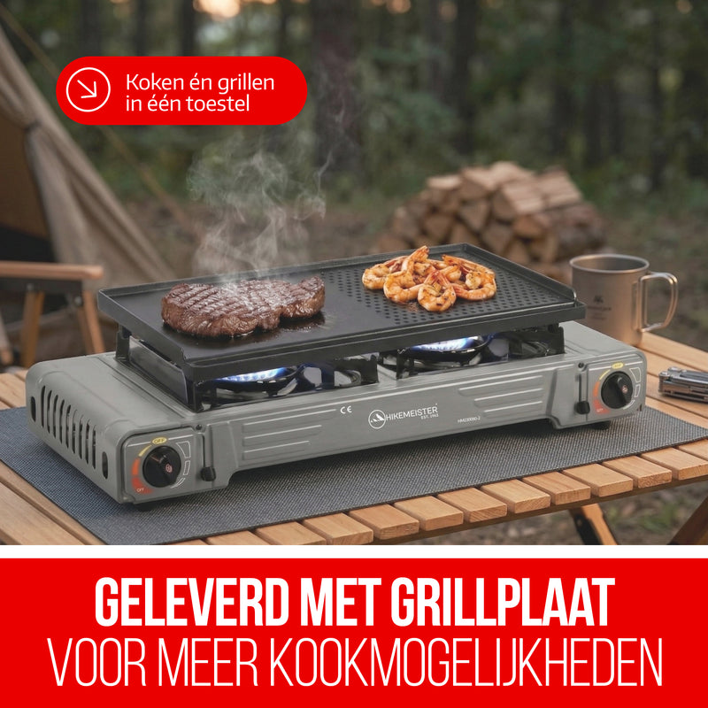 Load image into Gallery viewer, Hikemeister® Dubbel Camping Kooktoestel 2 Pits – 2x 2.2 kW – Inclusief 12 Gasbussen &amp; Grillplaat – Draagbaar Gasstel – Butaangas Kookplaat – Campingkooktoestel - Met Koffer – Grijs
