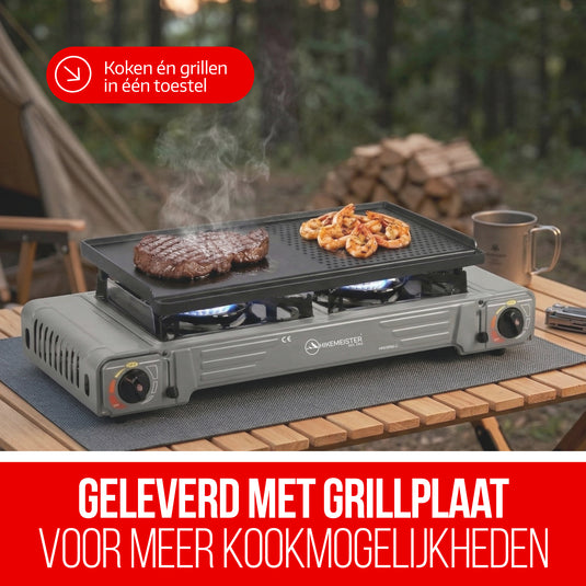 Hikemeister® Dubbel Camping Kooktoestel 2 Pits – 2x 2.2 kW – Inclusief 12 Gasbussen & Grillplaat – Draagbaar Gasstel – Butaangas Kookplaat – Campingkooktoestel - Met Koffer – Grijs