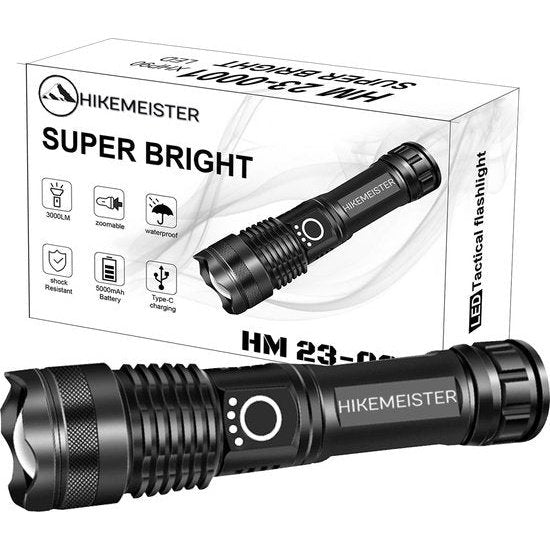 Laden Sie das Bild in Galerie -Viewer, Hikemeister ® PRO Militaire LED Zaklamp - USB-C Oplaadbaar - 3000 lumen - 5000mAh Batterij - met holster -2 Jaar Garantie!
