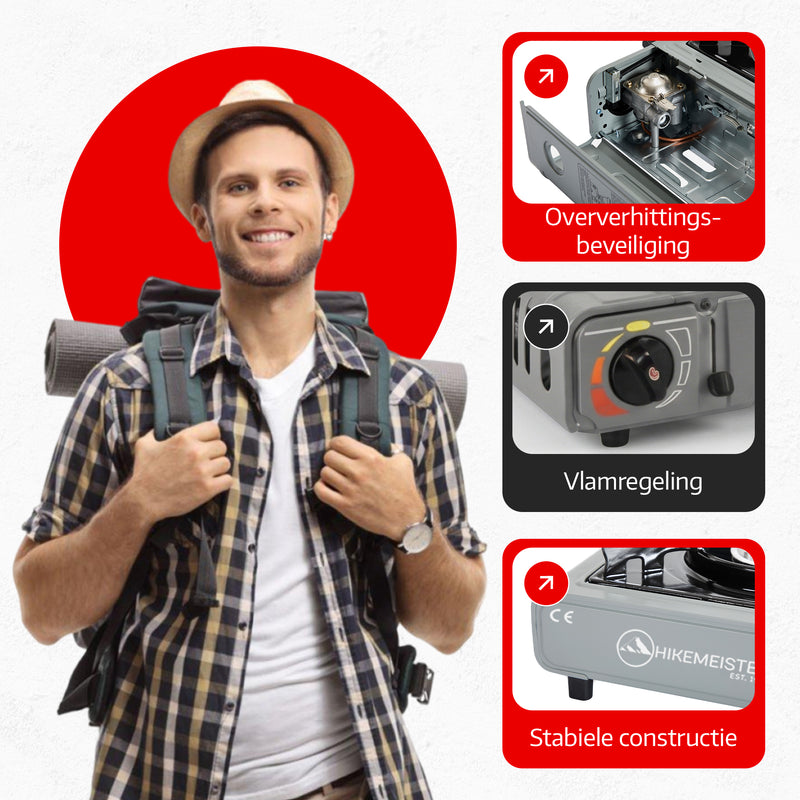 Load image into Gallery viewer, Hikemeister® Dubbel Camping Kooktoestel 2 Pits – 2x 2.2 kW – Inclusief 12 Gasbussen &amp; Grillplaat – Draagbaar Gasstel – Butaangas Kookplaat – Campingkooktoestel - Met Koffer – Grijs
