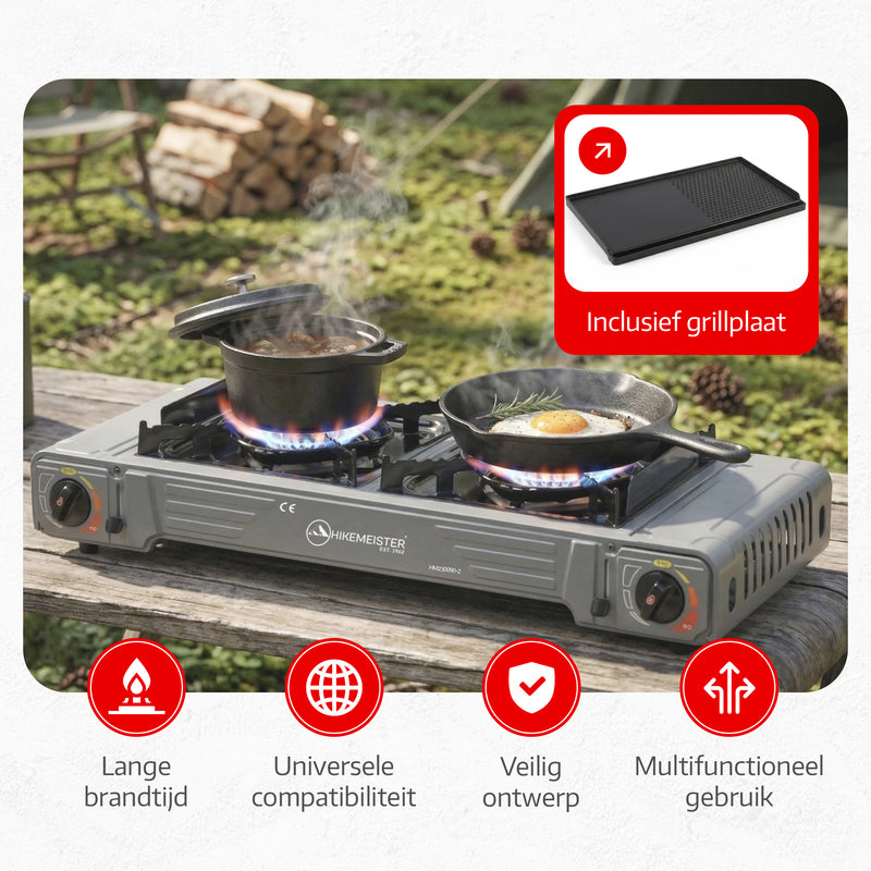 Load image into Gallery viewer, Hikemeister® Dubbel Camping Kooktoestel 2 Pits – 2x 2.2 kW – Inclusief 12 Gasbussen &amp; Grillplaat – Draagbaar Gasstel – Butaangas Kookplaat – Campingkooktoestel - Met Koffer – Grijs

