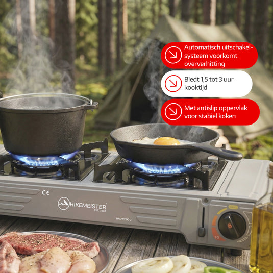 Hikemeister® Dubbel Camping Kooktoestel 2 Pits – 2x 2.2 kW – Inclusief 12 Gasbussen & Grillplaat – Draagbaar Gasstel – Butaangas Kookplaat – Campingkooktoestel - Met Koffer – Grijs