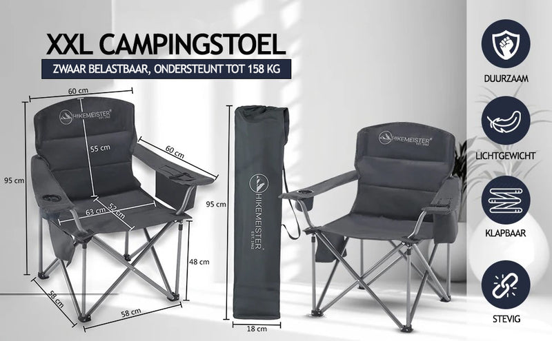 Laden Sie das Bild in Galerie -Viewer, Hikemeister ® XXL Campingstoel, opvouwbare klapstoel tot 158 kg, gevoerd met geisoleerde bekerhouders, vis stoel met armleuningen, buitenstoel, Grijs , vouwstoel met draagtas
