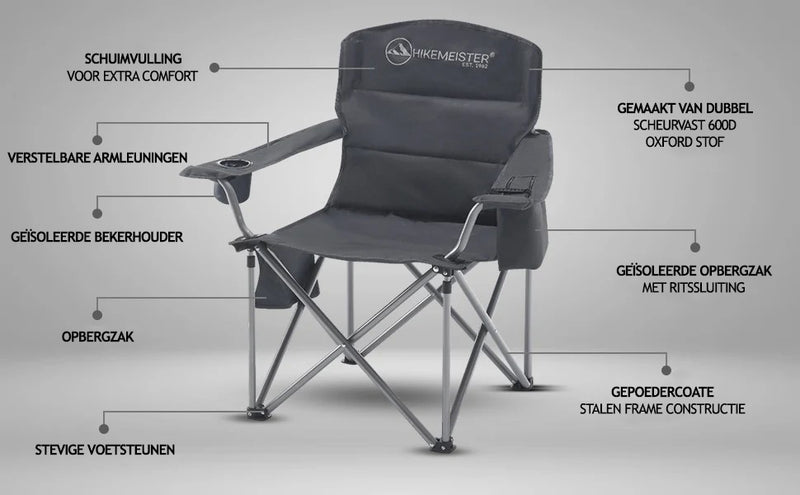 Laden Sie das Bild in Galerie -Viewer, Hikemeister ® XXL Campingstoel, opvouwbare klapstoel tot 158 kg, gevoerd met geisoleerde bekerhouders, vis stoel met armleuningen, buitenstoel, Grijs , vouwstoel met draagtas
