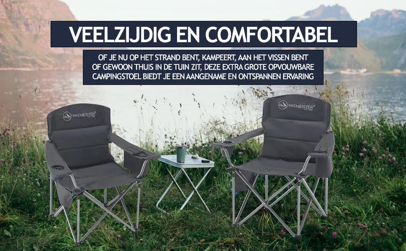Laden Sie das Bild in Galerie -Viewer, Hikemeister ® XXL Campingstoel, opvouwbare klapstoel tot 158 kg, gevoerd met geisoleerde bekerhouders, vis stoel met armleuningen, buitenstoel, Grijs , vouwstoel met draagtas
