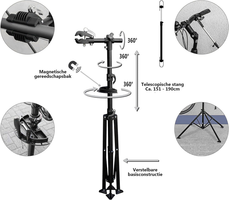 Laden Sie das Bild in Galerie -Viewer, Hikemeister ® Fiets ophangsysteem - fiets reparatiestandaard Montagestandaard - Tot 35 kg - Fietsreparatie Ebike - MTB -alle fietsen - Incl. Stuurhouder - Zwart - magneetbak
